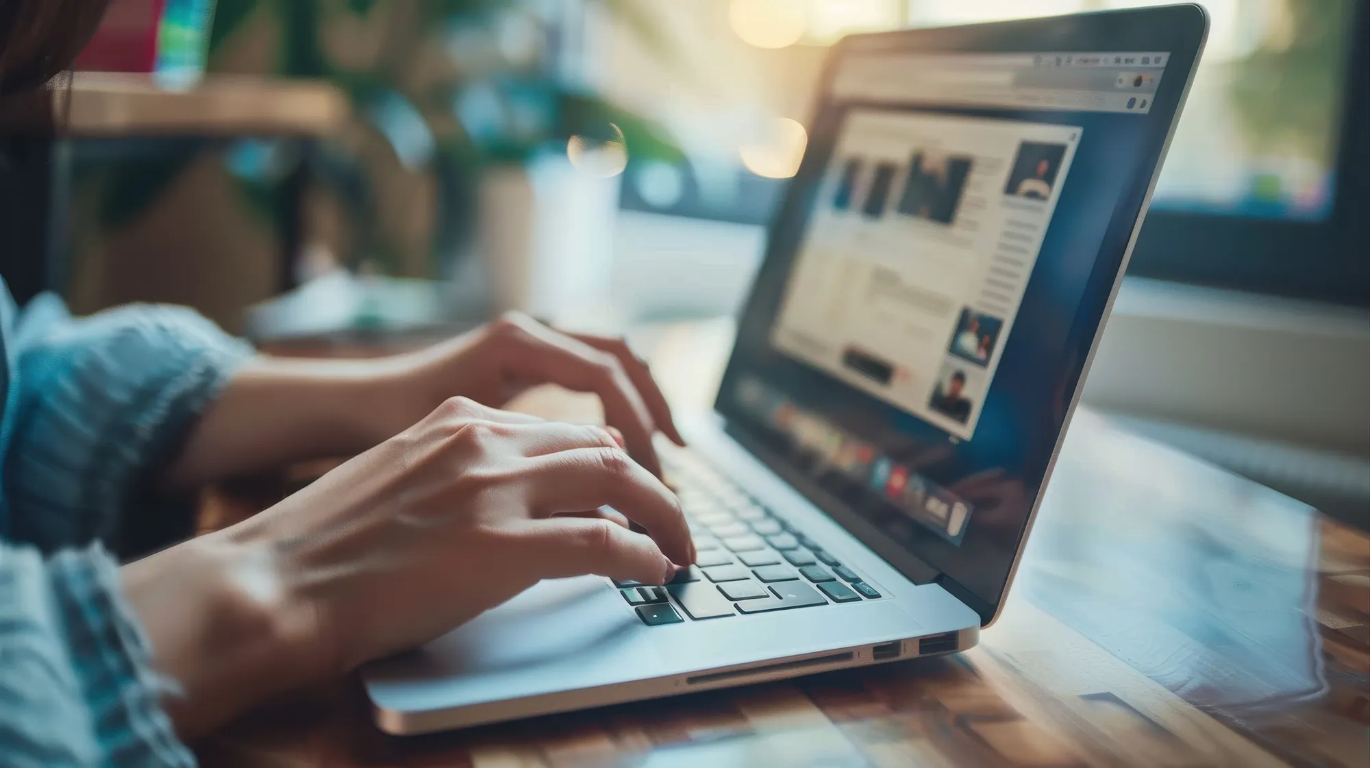 Hände tippen auf einem Laptop in einem hellen, gemütlichen Raum. Der Bildschirm zeigt verschwommene Inhalte, die auf Arbeit oder Surfen hindeuten. Die Atmosphäre ist ruhig und konzentriert. Blogs erstellen.