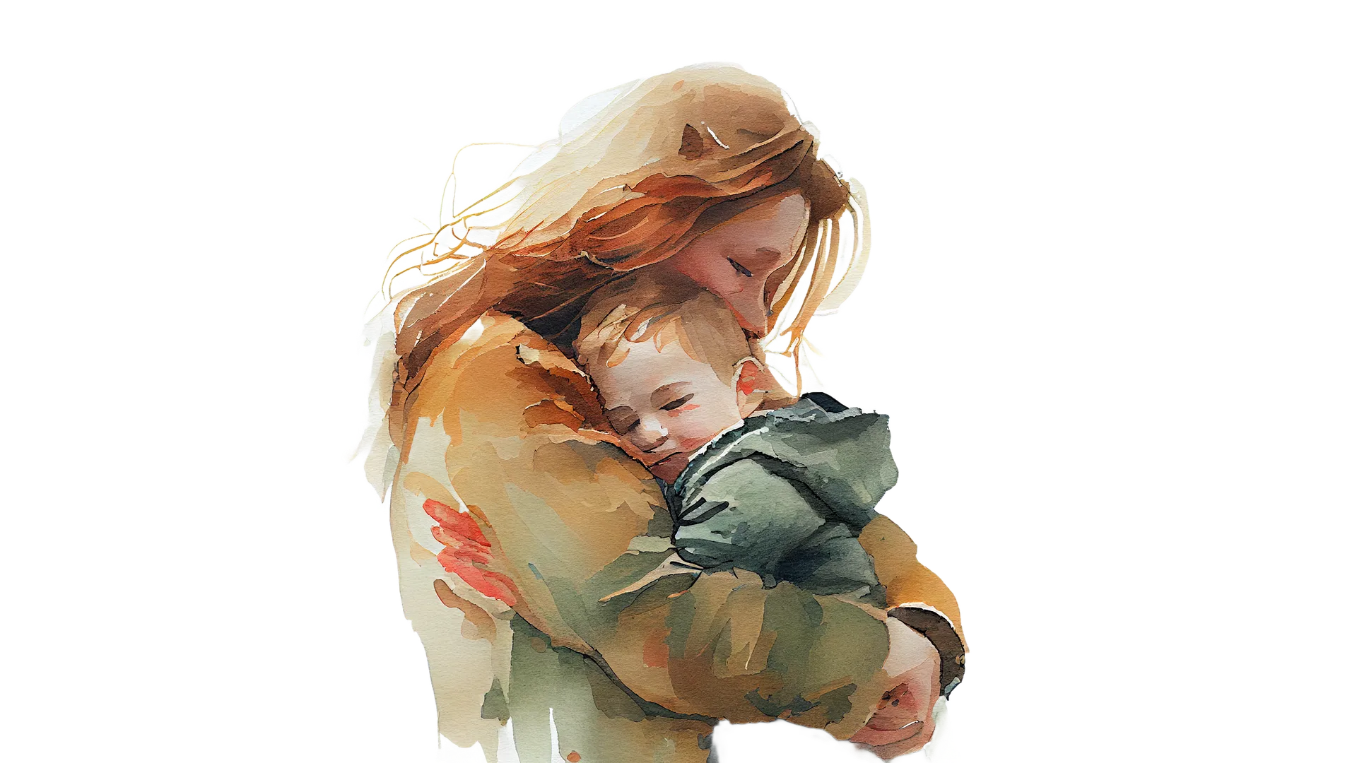 Ein Aquarell zeigt eine Frau, die ein schlafendes Kind umarmt, beide tragen warme Kleidung. Der zärtliche Moment wird vor einem schwarzen Hintergrund dargestellt.